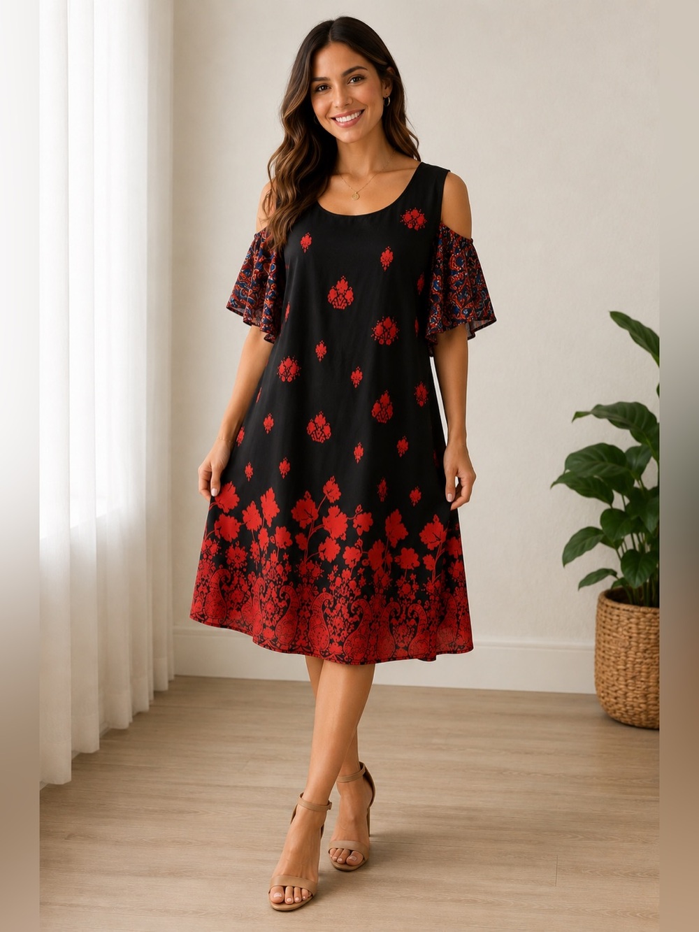 As U Wish Black Midi Dress with Red Floral Border and Cold-Shoulder Sleeves